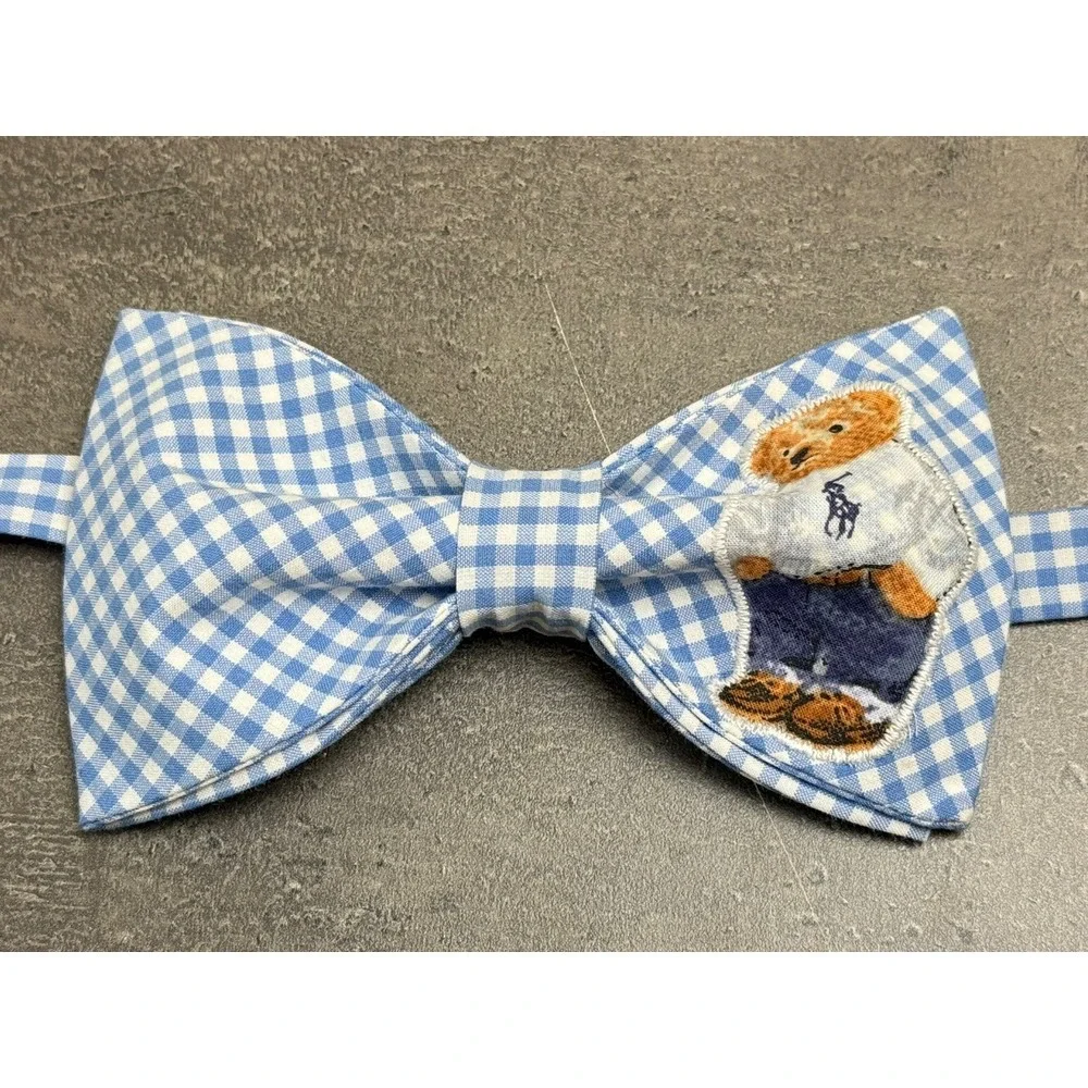 NEW Mens Jeans Bear Bow tie Custom Blue‎ Gingham Pre Tied Adjustable Gift